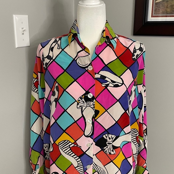 Brett Harrison 100% Silk Vintage Silk Long sleeve Funky Fun Maximalist Bright - Picture 2 of 9